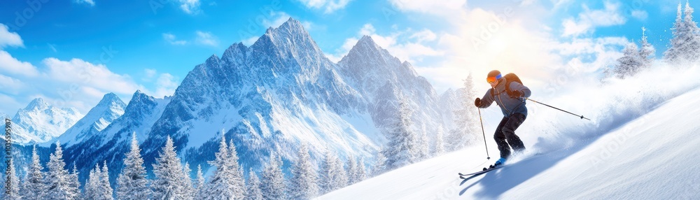 A skier glides down a snowy slope, surrounded by majestic mountains and bright blue skies, capturing the thrill of winter sports. A skier glides down a snowy slope, surrounded by majestic mountains and bright blue skies, capturing the thrill of winter sports.