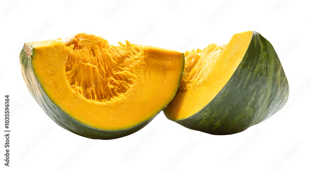 Side view of fresh green japanese pumpkin slices or pieces in stack isolated with clipping path in png file format Side view of fresh green japanese pumpkin slices or pieces in stack isolated with clipping path in png file format