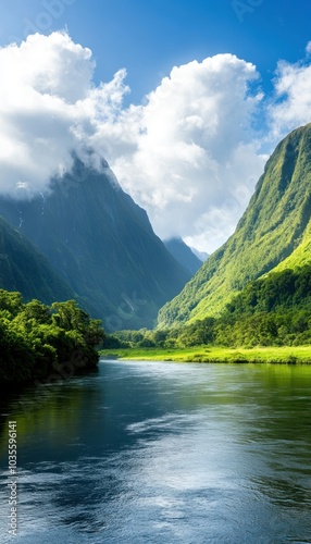 A serene river flows through lush green mountains under a bright blue sky, with fluffy clouds adding to the picturesque landscape.