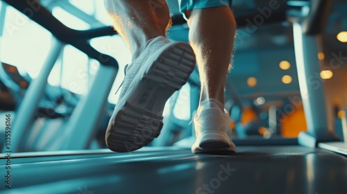 A close-up of a person running on a treadmill in a gym setting.