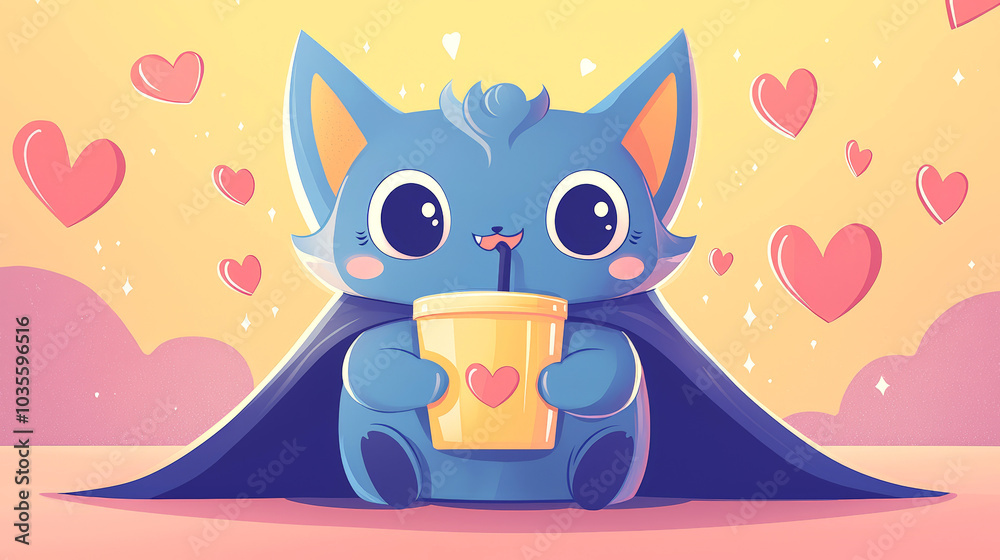 Fototapeta premium Adorable pastel colored vampire character sipping juice box, surrounded by hearts and cheerful background. This cute illustration evokes sense of joy and playfulness