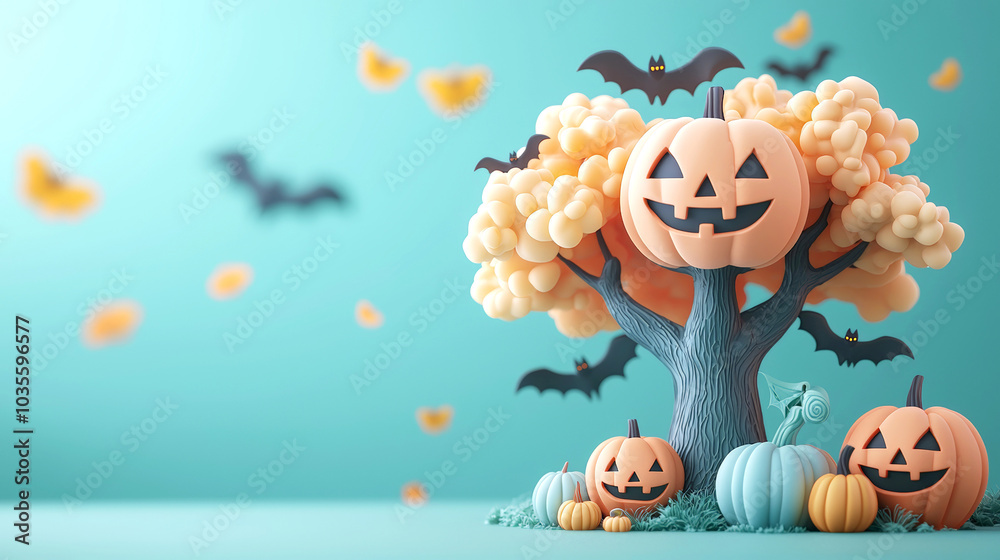 whimsical 3D cartoon scene featuring haunted tree adorned with smiling bats and playful pumpkins, perfect for Halloween festivities. vibrant colors and cheerful expressions create fun and festive
