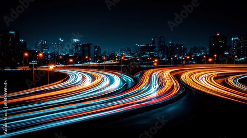 Vibrant cityscape at night showcasing dynamic light trails from moving vehicles on busy highway, creating sense of motion and energy in urban environment