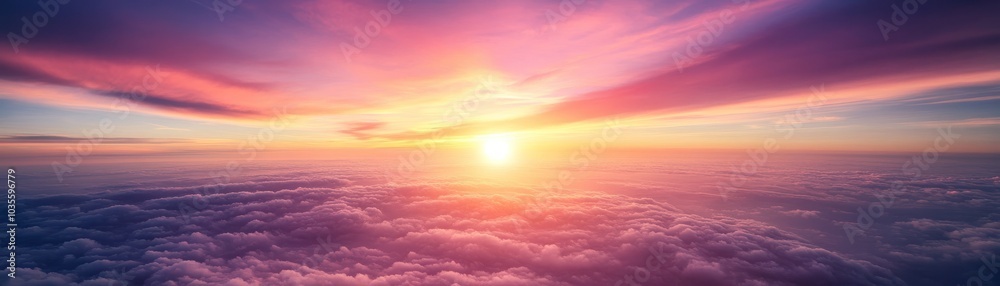 Obraz premium A breathtaking sunset over the horizon, casting vibrant hues of pink, orange, and purple across the sky, illuminating the clouds.