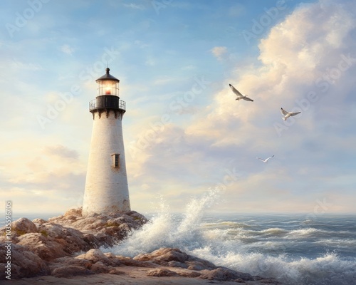 Wallpaper Mural A serene coastal scene featuring a lighthouse on rocky terrain, with waves crashing and birds soaring under a bright sky. Torontodigital.ca