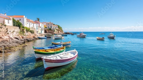 A picturesque coastal scene with colorful boats anchored in clear blue waters, framed by charming waterfront buildings under a bright sky.