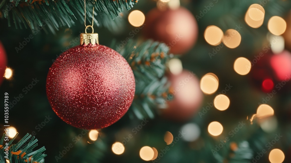 Close-up of Christmas ornaments hanging on a decorated tree, warm lights glowing Close-up of Christmas ornaments hanging on a decorated tree, warm lights glowing
