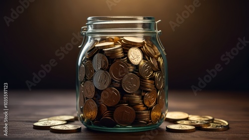 A glass jar filled with golden coins, with some spilling out onto a wooden table.