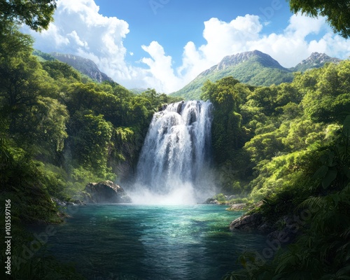 A serene waterfall cascades into a lush green pool, surrounded by vibrant foliage and majestic mountains under a bright blue sky.