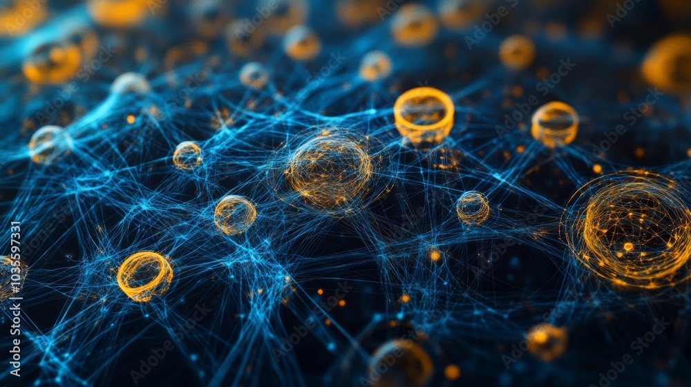 Dynamic social network visualization featuring interconnected circles, representing user interactions and relationships, enhanced by generative AI design elements. Dynamic social network visualization featuring interconnected circles, representing user interactions and relationships, enhanced by generative AI design elements.