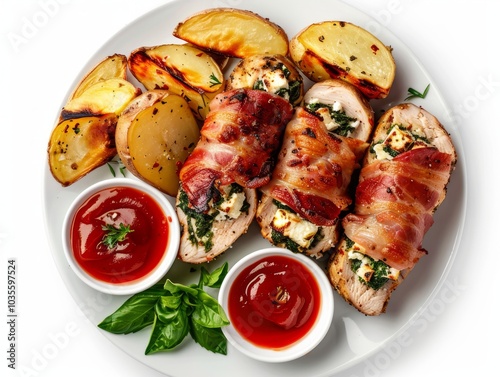 Festive Bacon-Wrapped Chicken Rolls with Feta and Spinach, Potato Wedges, and Tomato Sauce: A Culina photo