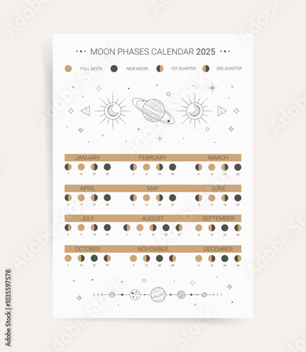 Moon phase calendar 2025. Modern minimal lunar calendar 2025 for southern time print poster for astronomy science and astrology practice. Moon cycle vertical page A4 calendar for new 2025 year.