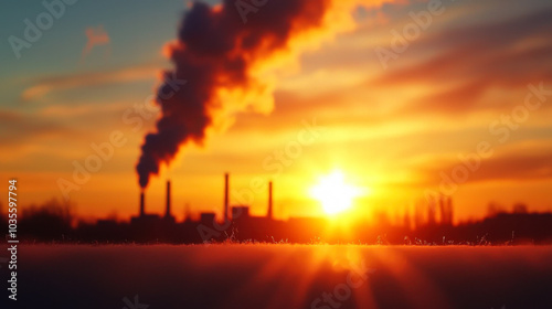 Sunset over industrial landscape with smoke rising from chimneys, highlighting contrast between nature and pollution. warm colors evoke sense of reflection on environmental issues