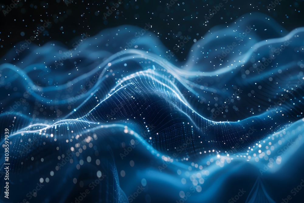 Ethereal Blue Waves of Light and Data Flowing in a Digital Landscape Ethereal Blue Waves of Light and Data Flowing in a Digital Landscape