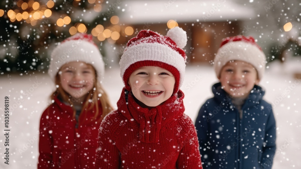 Children playing in the snow outside a house decorated with Christmas lights Children playing in the snow outside a house decorated with Christmas lights