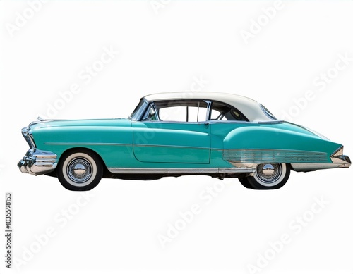 Vintage teal car on white photo