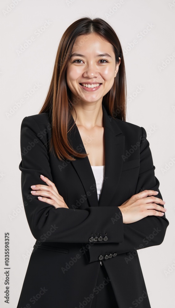 Isolated on white background A successful businesswoman smiles confidently with crossed arms and looks directly at the camera Positive Business-oriented Isolated on white background A successful businesswoman smiles confidently with crossed arms and looks directly at the camera Positive Business-oriented