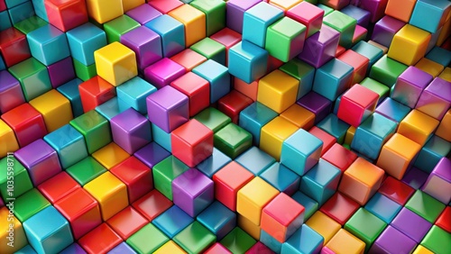 A mesmerizing abstract composition of vibrant, glossy cubes arranged in a captivating geometric pattern, creating a dynamic and playful visual experience.