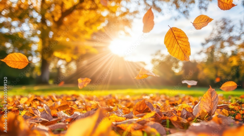 Autumn leaves falling in sunlit park Autumn leaves falling in sunlit park