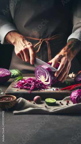 Chef Slicing Fresh Red Cabbage on Wooden Board