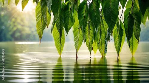 Serene Green Leaves Hanging Over Water with Ripples at Sunrise

 photo