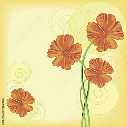 Orange flowers of california poppy with circle ornaments on beige background. Vector handdrawn design for greeting and vintage card.