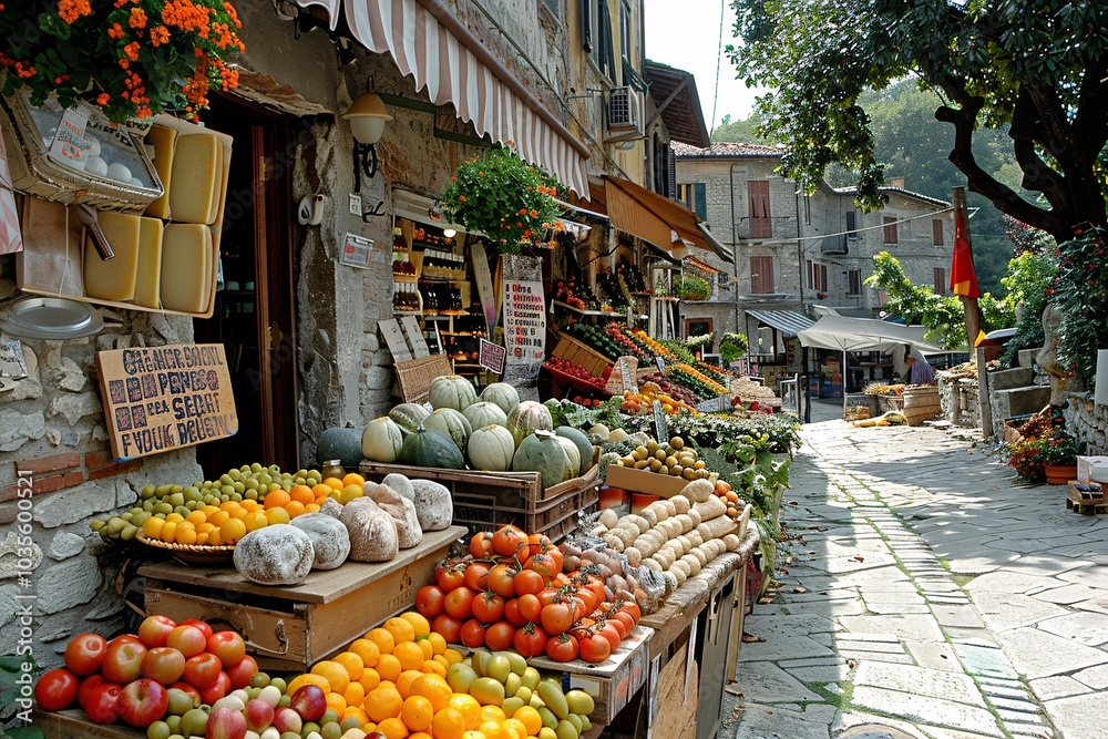 Fototapeta premium Vibrant stalls filled with fresh fruits and vegetables line a cobblestone street in a charming village. The sun casts warm light on the colorful produce and the cozy surroundings
