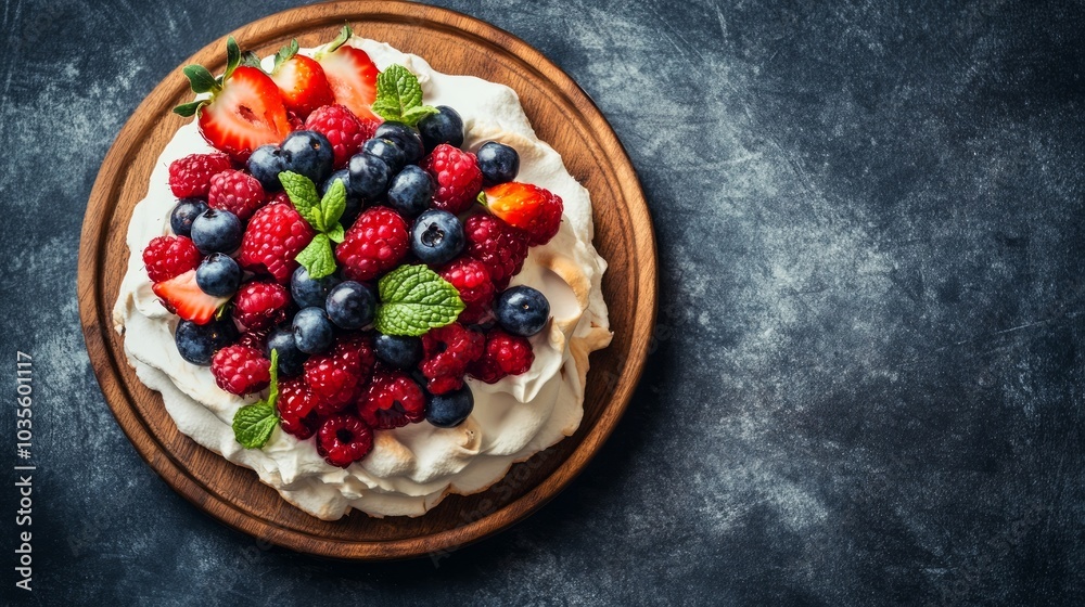 A colorful pavlova topped with fresh berries and mint, showcasing a delightful dessert.