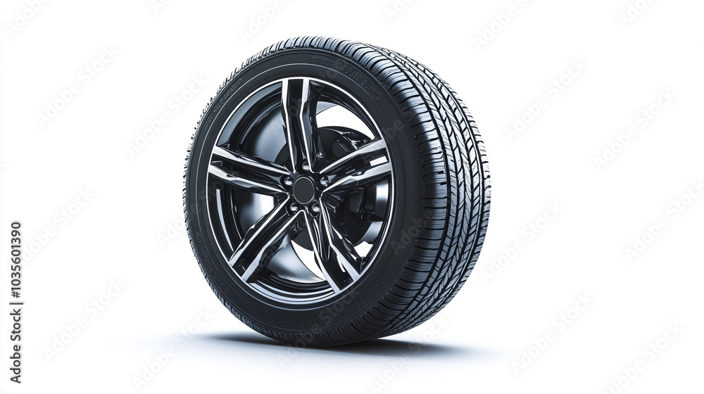 Black Car Tire with Alloy Wheel Isolated on White Background Black Car Tire with Alloy Wheel Isolated on White Background