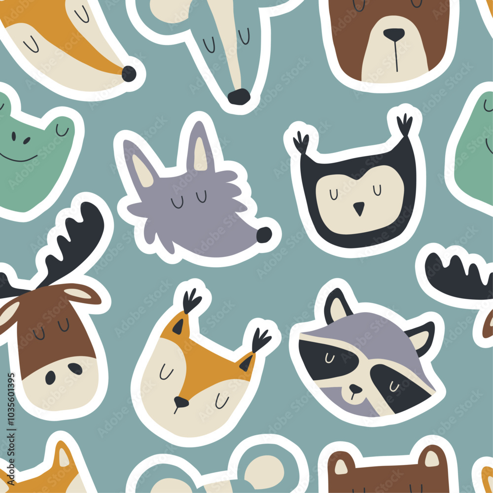 Hand drawn seamless pattern with forest animals. Repetitive texture for textile, fabric and scrapbooking design. Faces of wild animals, fox, wolf, squirrel, moose and others. Hand drawn seamless pattern with forest animals. Repetitive texture for textile, fabric and scrapbooking design. Faces of wild animals, fox, wolf, squirrel, moose and others.