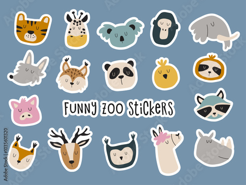 Cute animals big sticker pack. Hand drawn heads of cute wild and farm animals. Stickers for diary, greeting cards and poster.