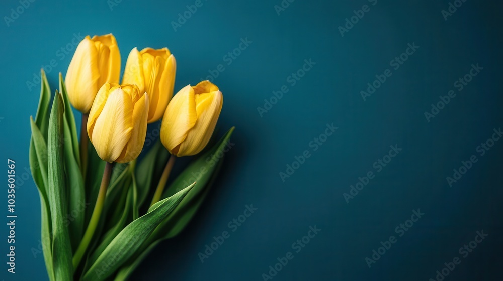 Vibrant yellow tulips serene blue background Vibrant yellow tulips serene blue background