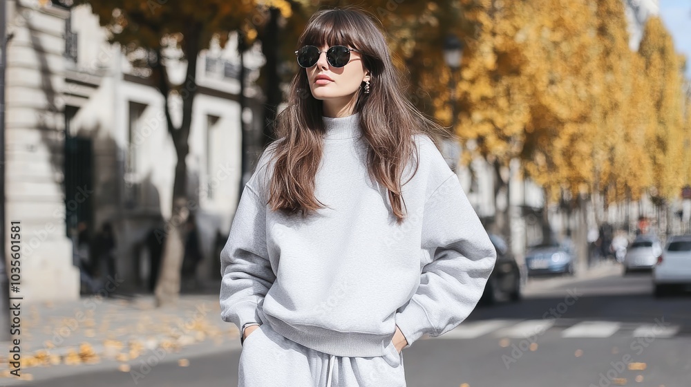 A model strolls confidently down a Paris street during fashion week, sporting a chic casual outfit of gray sweatpants and a loose sweatshirt A model strolls confidently down a Paris street during fashion week, sporting a chic casual outfit of gray sweatpants and a loose sweatshirt
