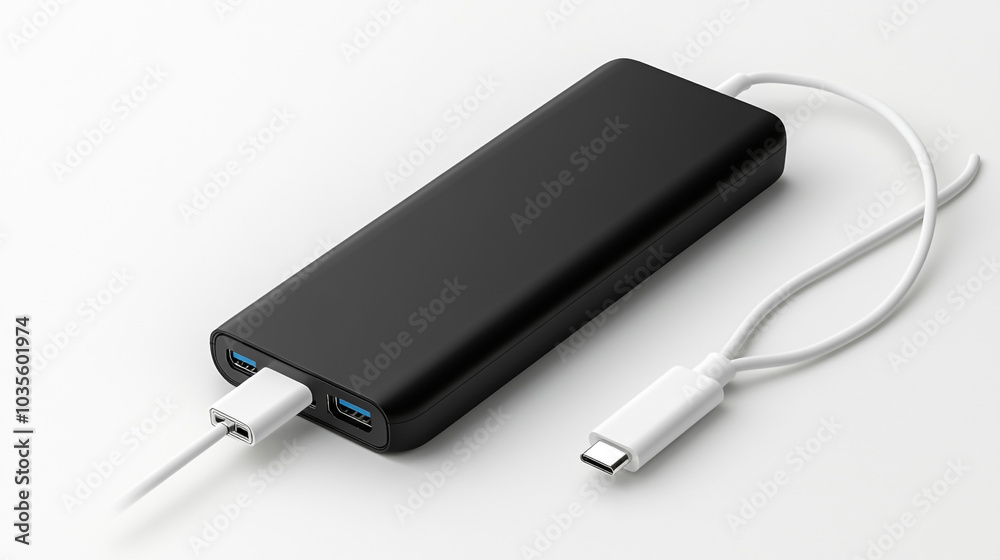 Black Power Bank with USB C Cable and Ports on White Background Black Power Bank with USB C Cable and Ports on White Background