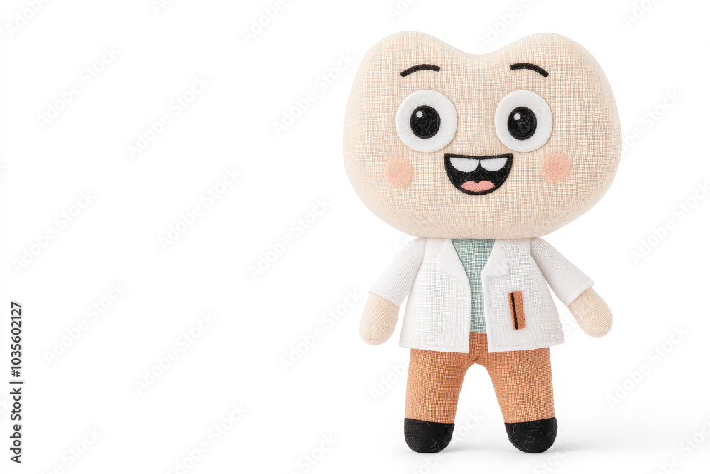 Cute plush toy doctor character with big eyes and smile in children's design style on white background Cute plush toy doctor character with big eyes and smile in children's design style on white background