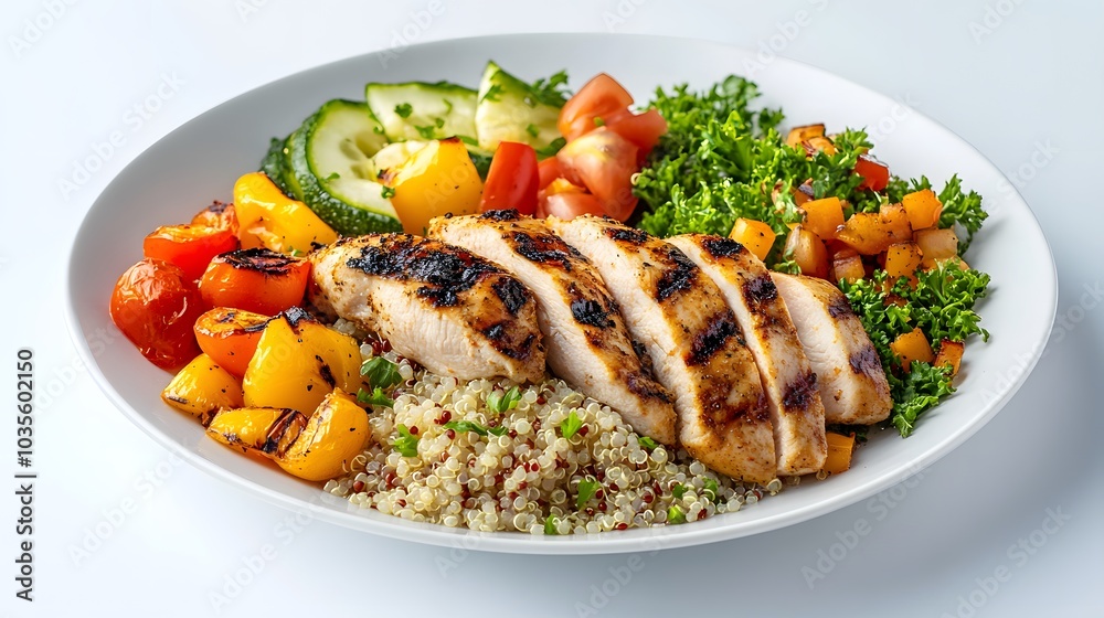 A white plate with grilled chicken, quinoa, and vegetables on it. A white plate with grilled chicken, quinoa, and vegetables on it.
