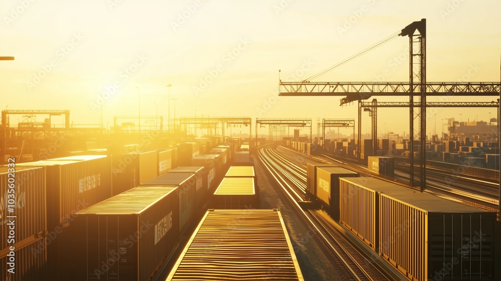 Train Yard at Sunset with Shipping Containers Train Yard at Sunset with Shipping Containers
