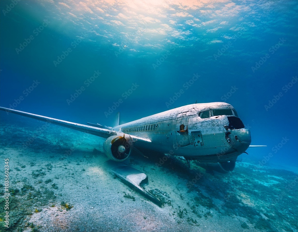 Fototapeta premium Plane in the deep sea, full of algae and with many broken parts
