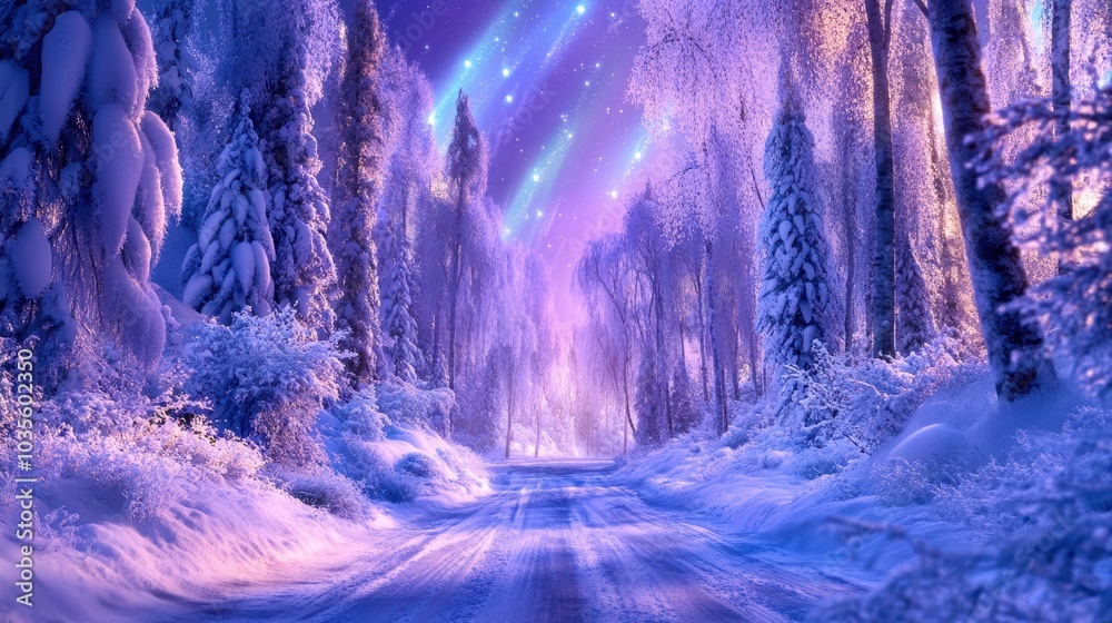 Fototapeta premium A serene winter landscape featuring snow-covered trees and a mystical atmosphere with auroras in the night sky.