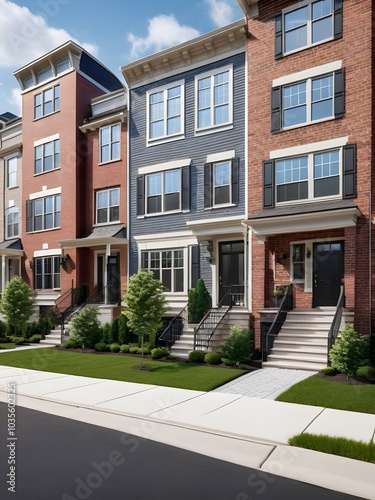 Modern Townhouse Row with Brick and Gray Siding. Generative AI