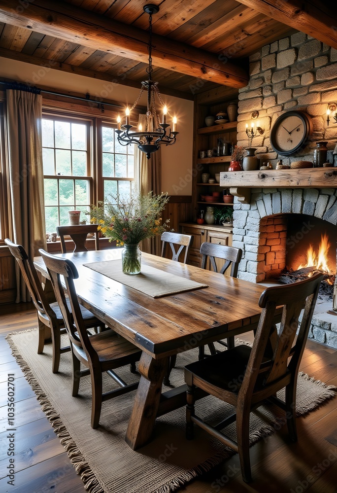 Rustic Farmhouse Dining Room With Fireplace. Generative AI Rustic Farmhouse Dining Room With Fireplace. Generative AI