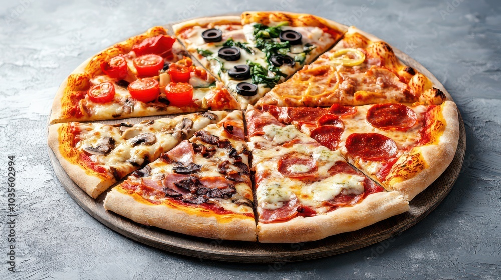 Delicious Variety of Pizza Slices on a Wooden Board Delicious Variety of Pizza Slices on a Wooden Board