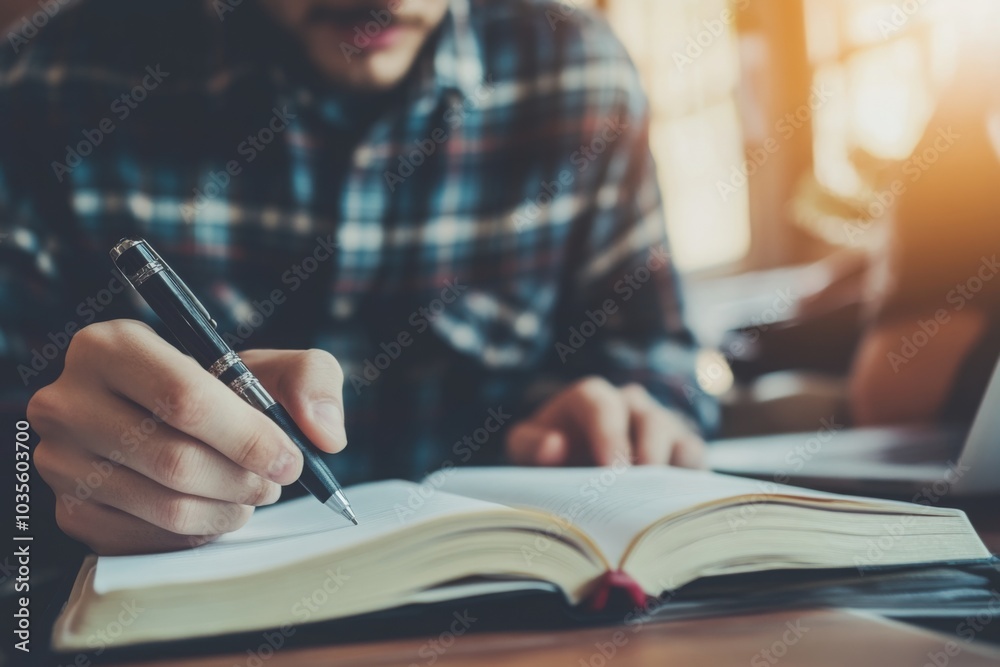 A hand carefully writes in a notebook pen poised for the next stroke Focus on the task at hand A hand carefully writes in a notebook pen poised for the next stroke Focus on the task at hand