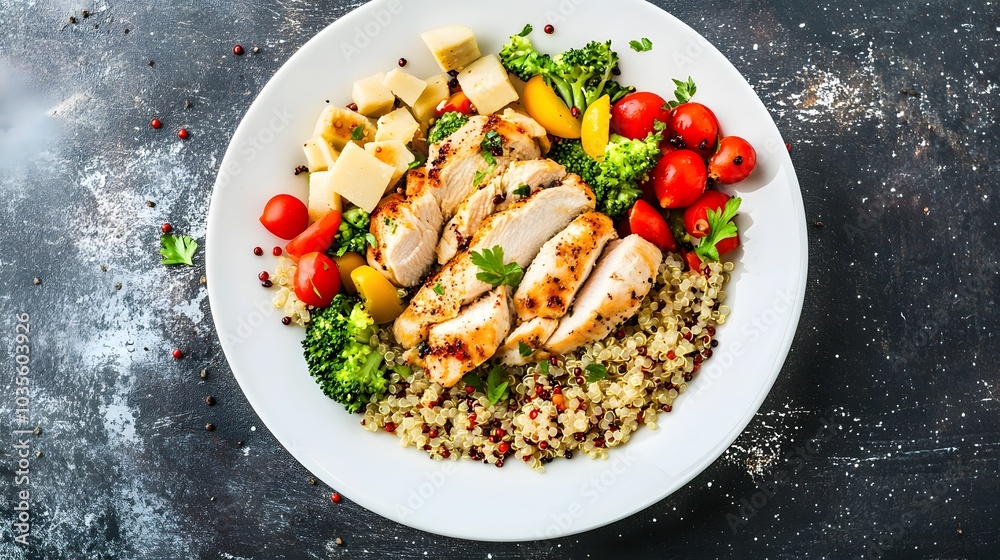 A white plate with grilled chicken, quinoa, and vegetables on it. A white plate with grilled chicken, quinoa, and vegetables on it.