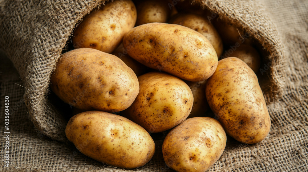 Fresh Organic Potatoes in Burlap Sack Rustic Harvest Countryside Food Photography Fresh Organic Potatoes in Burlap Sack Rustic Harvest Countryside Food Photography
