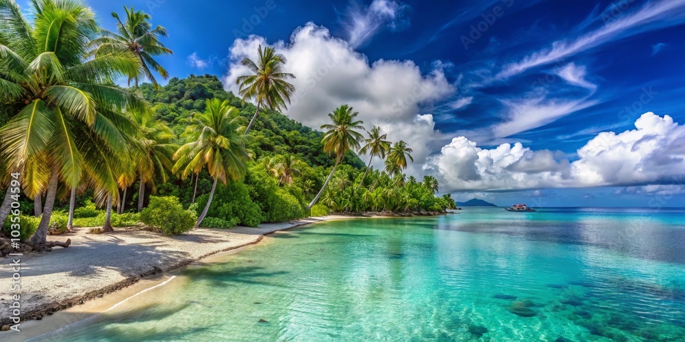 Tropical Paradise: Stunning Panoramic View of a Remote Tahitian Beach with Crystal Clear Waters Tropical Paradise: Stunning Panoramic View of a Remote Tahitian Beach with Crystal Clear Waters