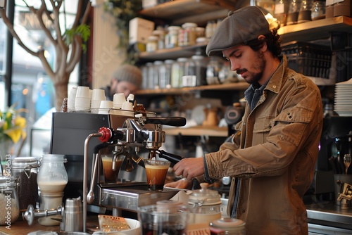 Barista Crafting Coffee in a Cozy Café Setting