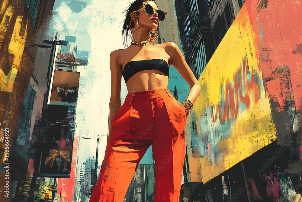 Naklejka premium A Lean, Stylish Girl Wearing Bold Orange Jeans and a Black Crop Top, Striking a Confident Pose in a Trendy Urban Setting, Showcasing Modern Fashion and City Chic Vibes