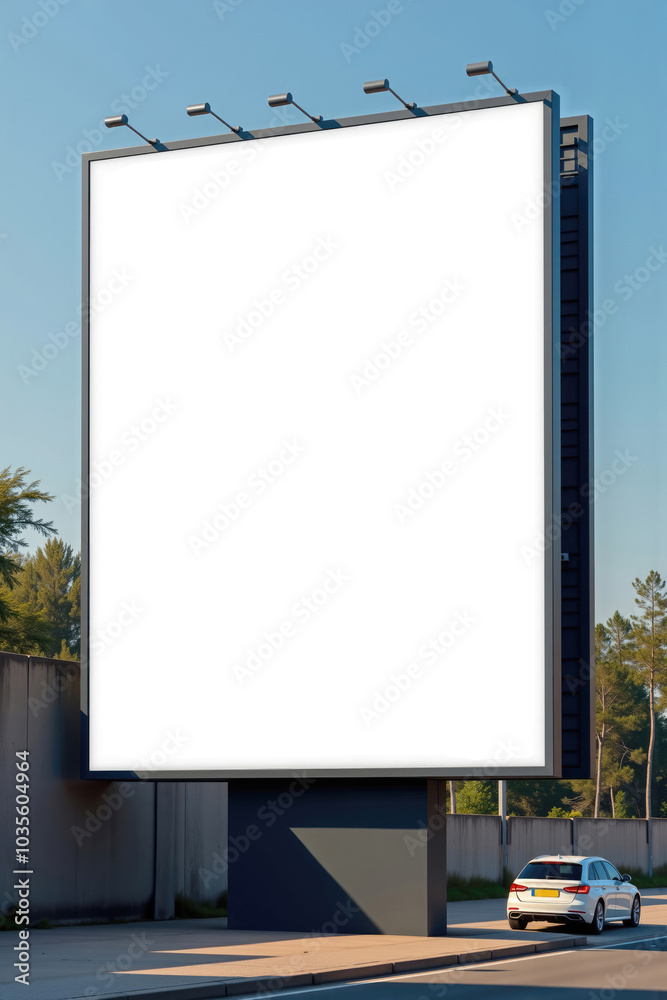 Giant white empty billboard by the road with car passing by Giant white empty billboard by the road with car passing by