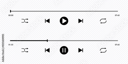 Video play bar template with button play or pause and timelime. Audio player for songs, podcast playlist. Light theme. Vector